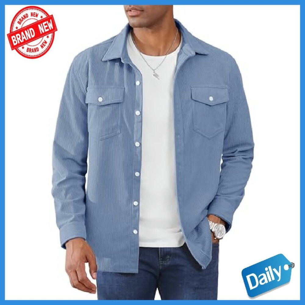 Men's Corduroy Shacket Button Down Long Sleeve Lightweight Overshirt - Picture 2 of 8
